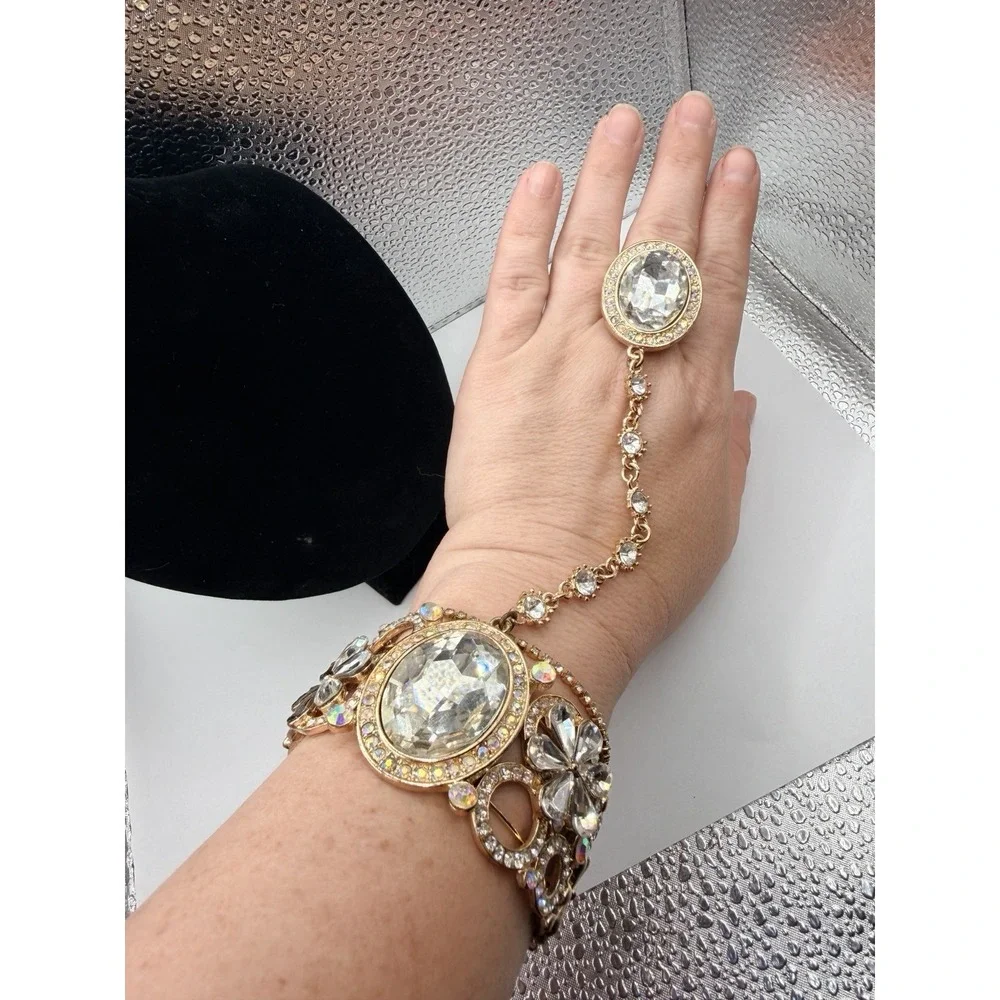Gold Tone Crystal Oval Stretch Bracelet w Ring sparkling floral rhinestone Prom